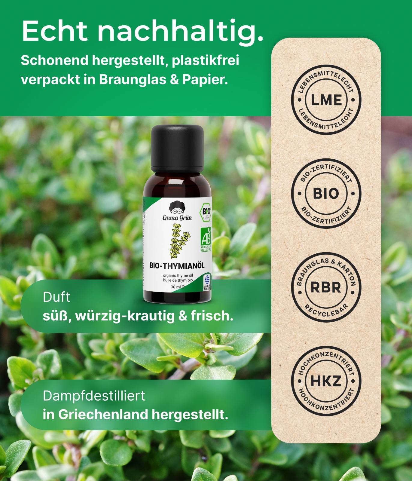 Ätherisches Bio Thymianöl 30 ml, naturrein & hochdosiert  Emma Grün   