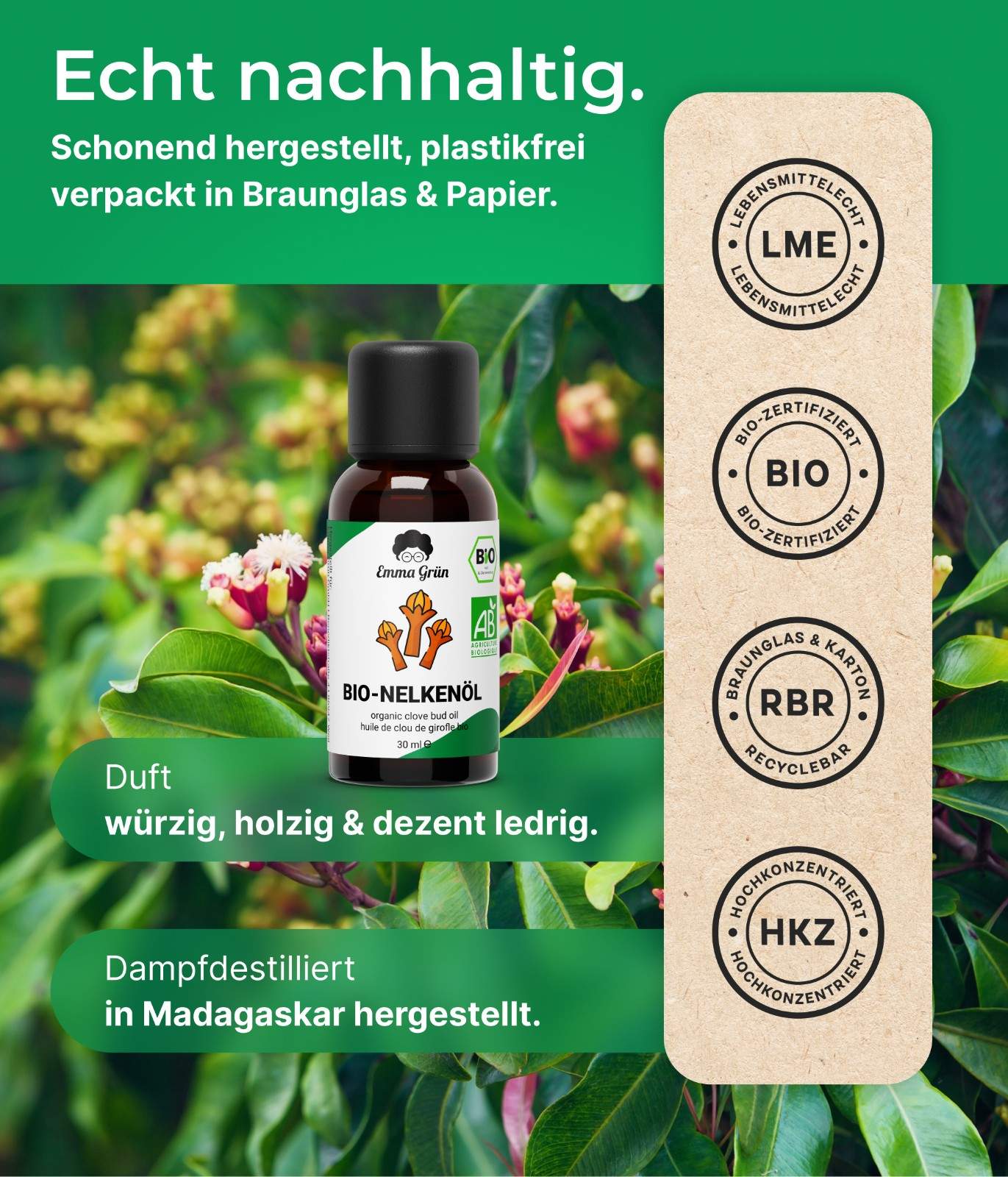 Ätherisches Bio Nelkenöl 30 ml, naturrein & hochdosiert  Emma Grün   