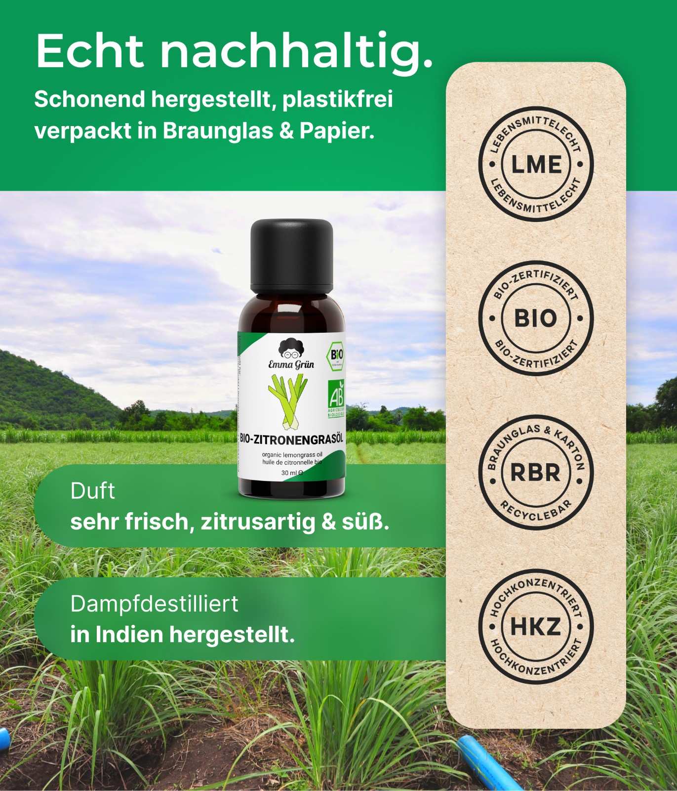 Ätherisches Bio Zitronengrasöl 30 ml, naturrein & hochdosiert  Emma Grün   