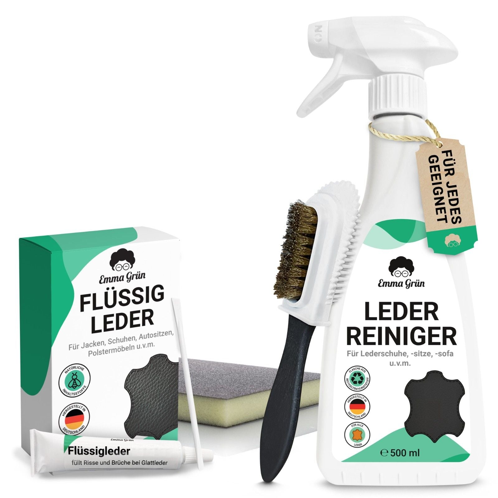 "Sauber & repariert" Spar-Set mit Lederreiniger, Flüssigleder, Bürste & Schleifmatte  Emma Grün   