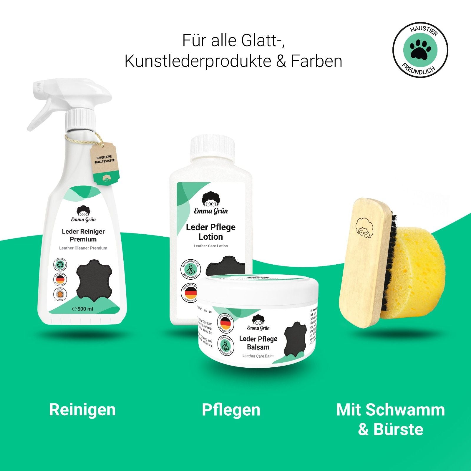 "Sauber & geschützt" Maxi-Set mit Lederreiniger, Lotion & Lederbalsam  Emma Grün   