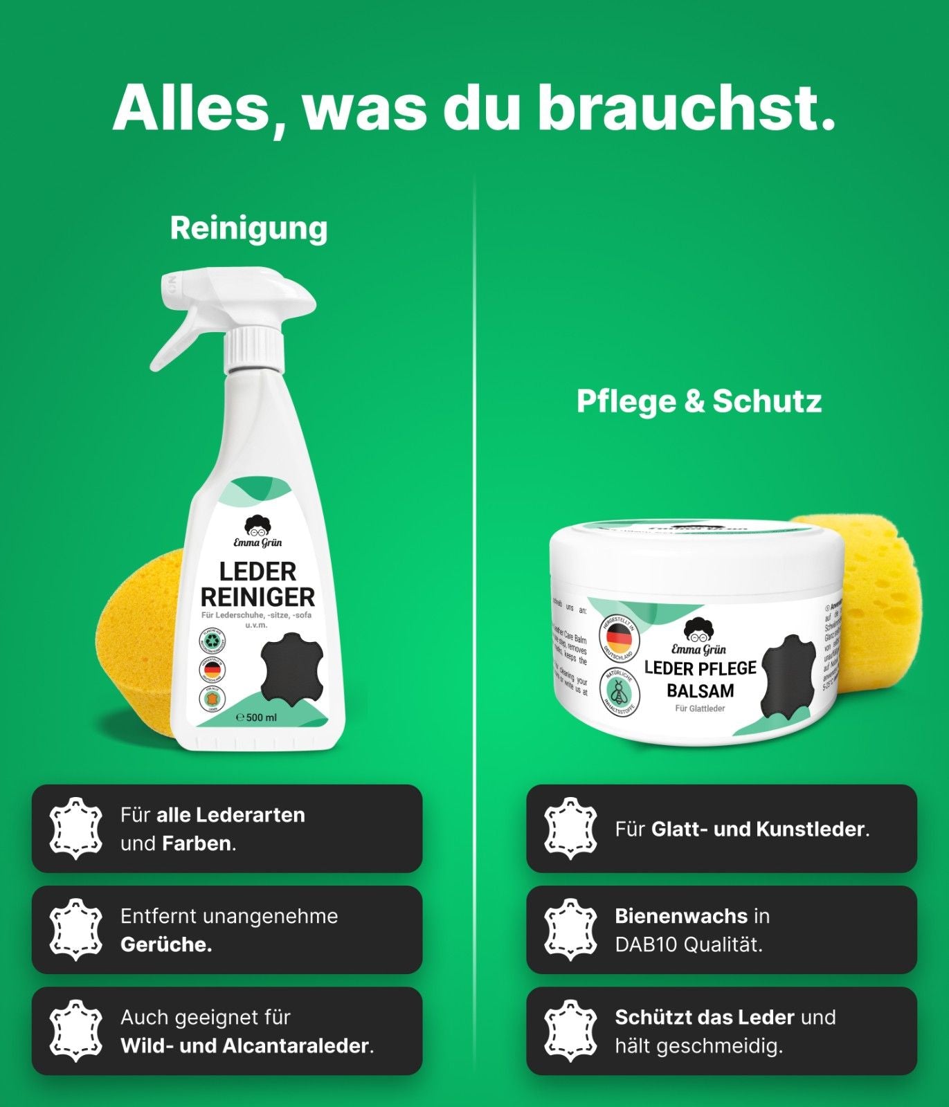 "Sauber & geschützt" Spar-Set mit Lederreiniger & Lederbalsam  Emma Grün   