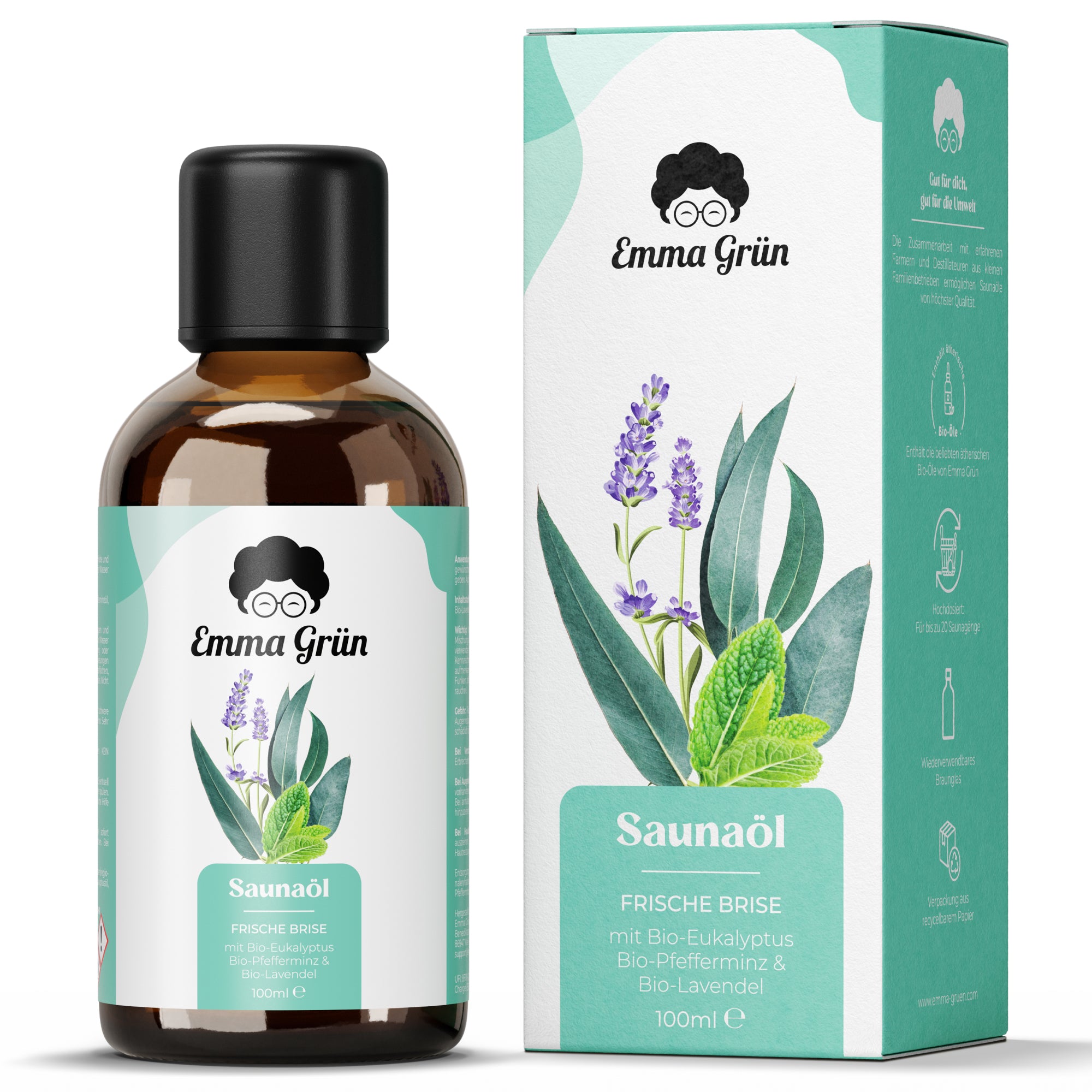 Bio Saunaöl 100 ml, Saunaaufguss mit Eukalyptus, Menthol & Lavendel  Emma Grün 1 x Saunaöl  