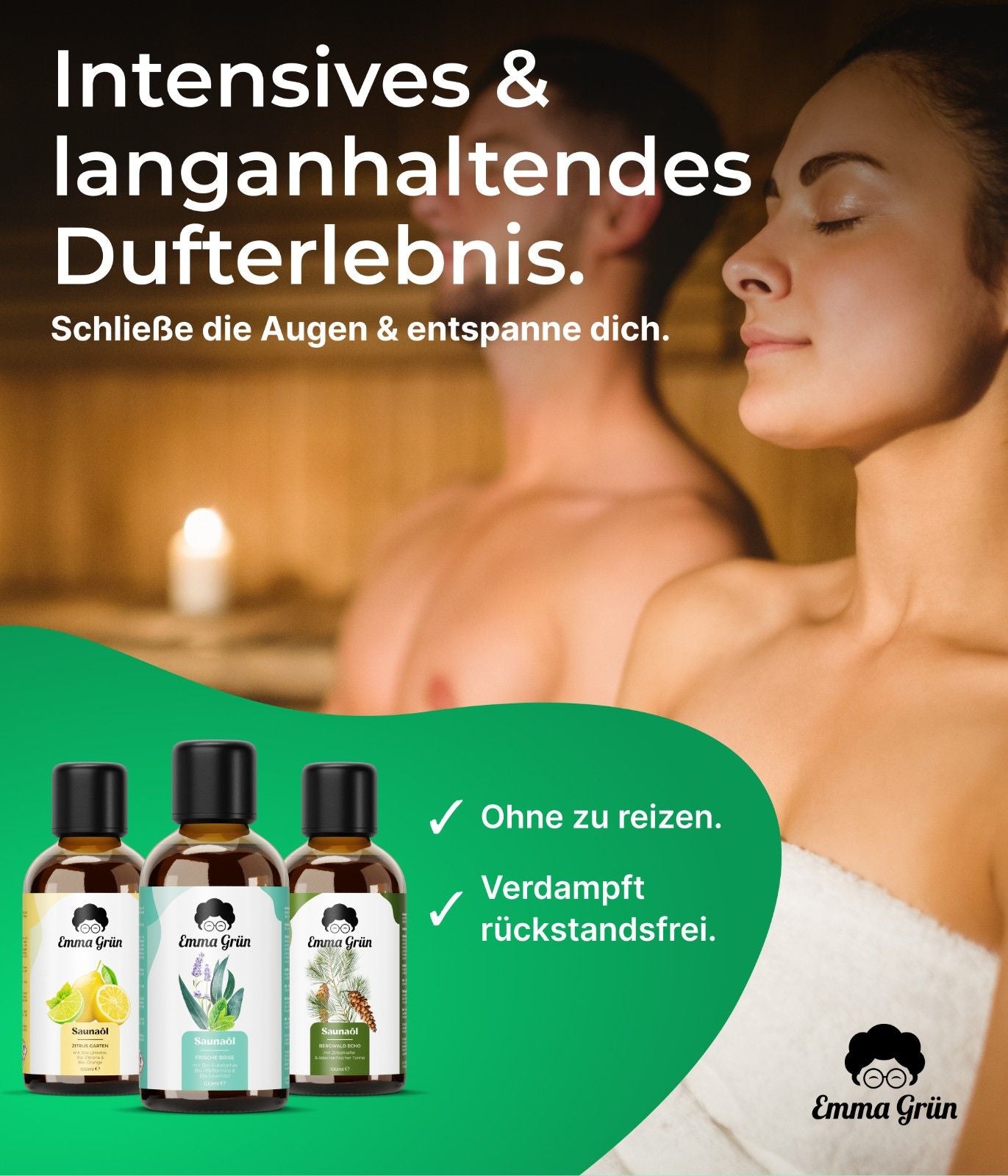 Saunaöl Maxi-Set 3x 100 ml, Saunaaufguss mit Bergwald Echo, Frische Brise & Zitrus Garten  Emma Grün   