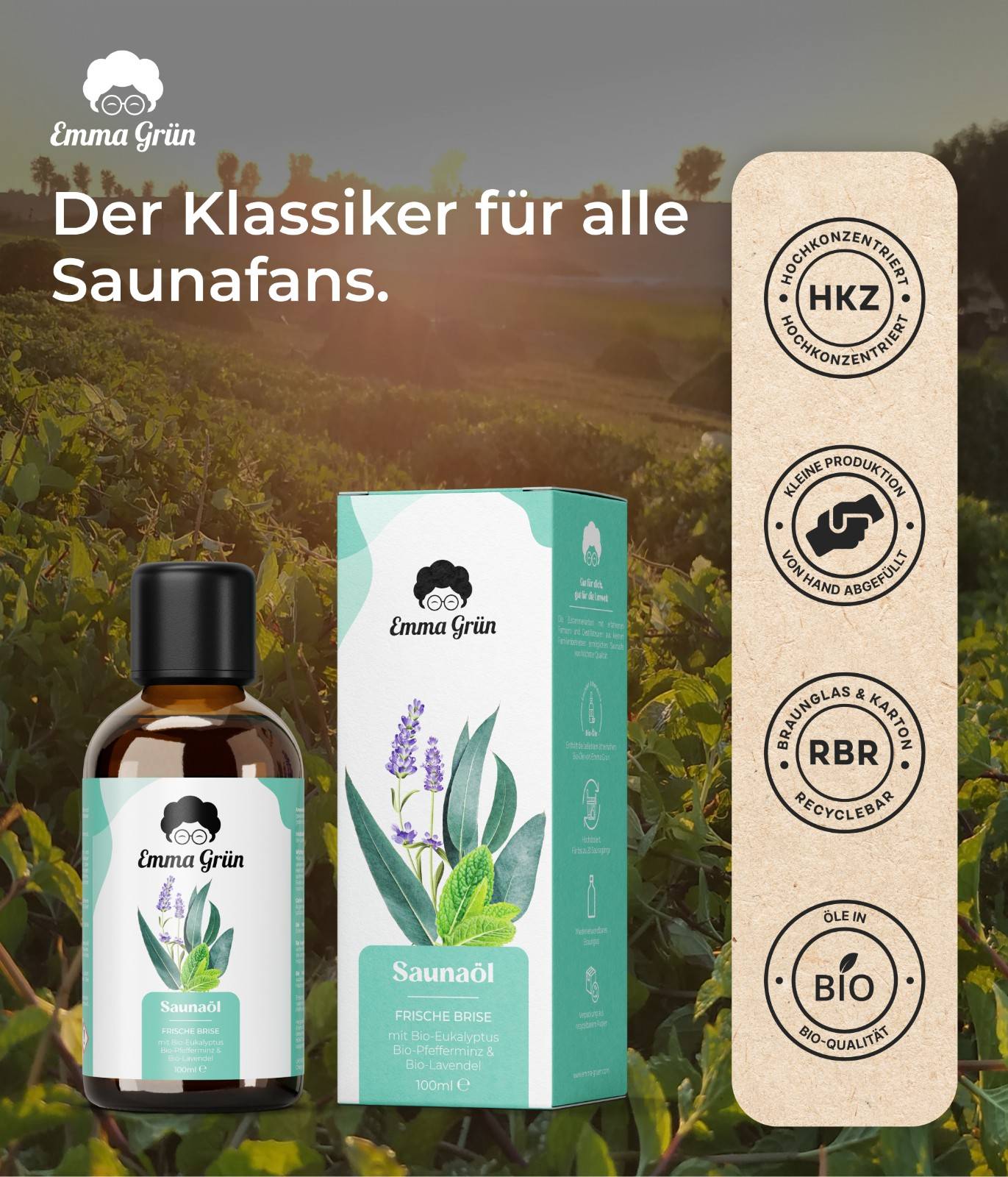 Bio Saunaöl 100 ml, Saunaaufguss mit Eukalyptus, Menthol & Lavendel  Emma Grün   