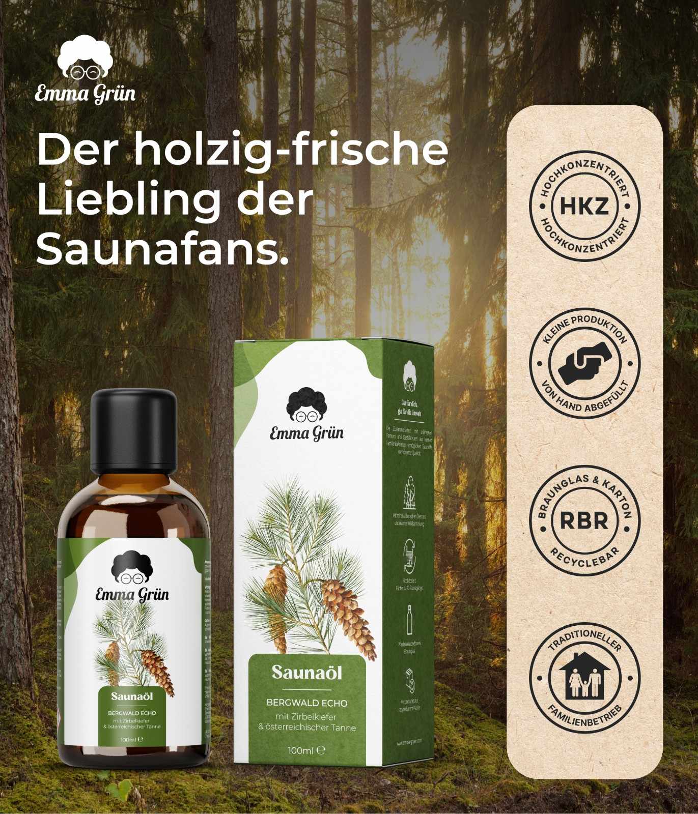 Saunaöl 100 ml, Saunaaufguss mit Zirbelkiefer & österreichischer Tanne  Emma Grün   