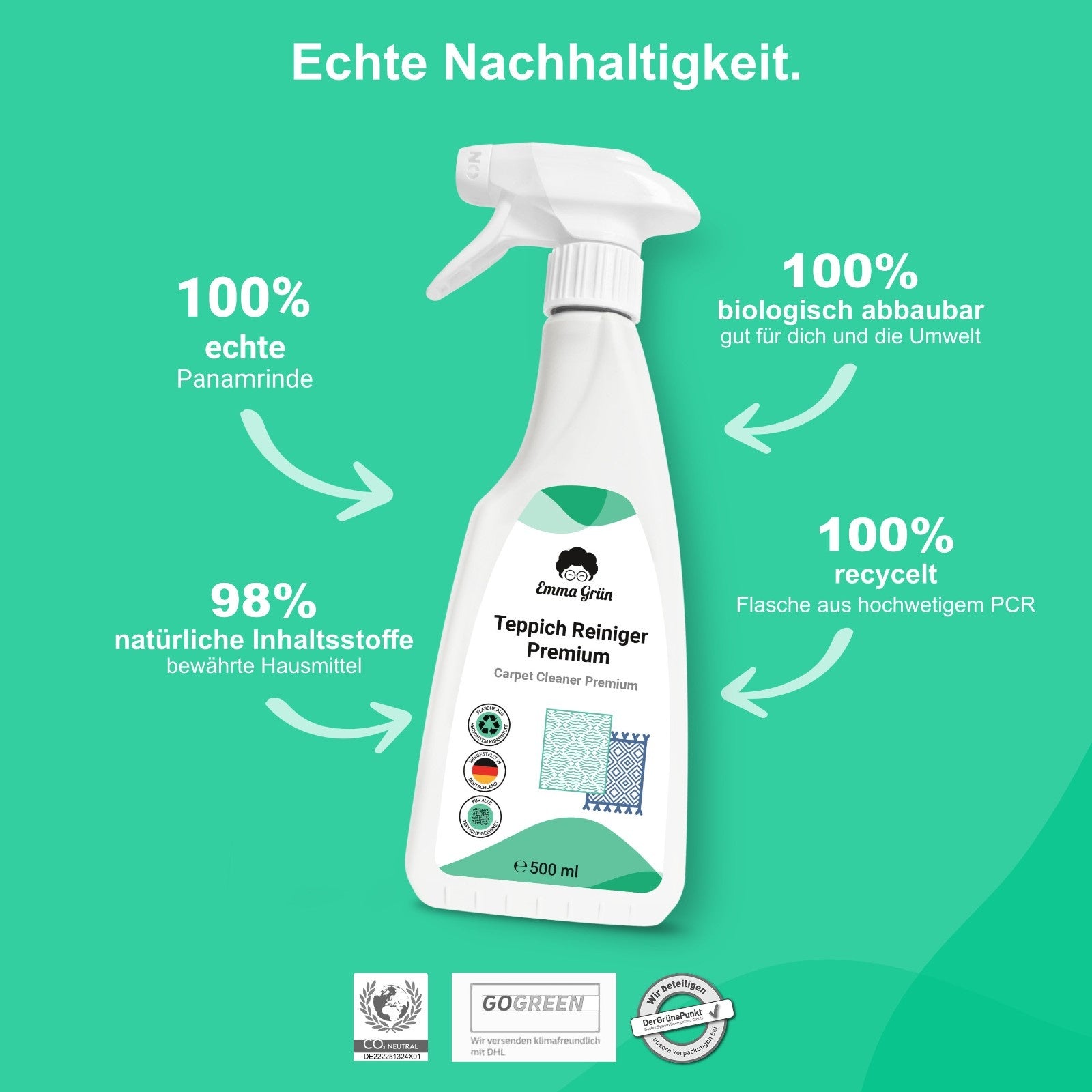 Teppichreiniger 500 ml, gegen Flecken & Gerüche, für alle Teppiche  Emma Grün   