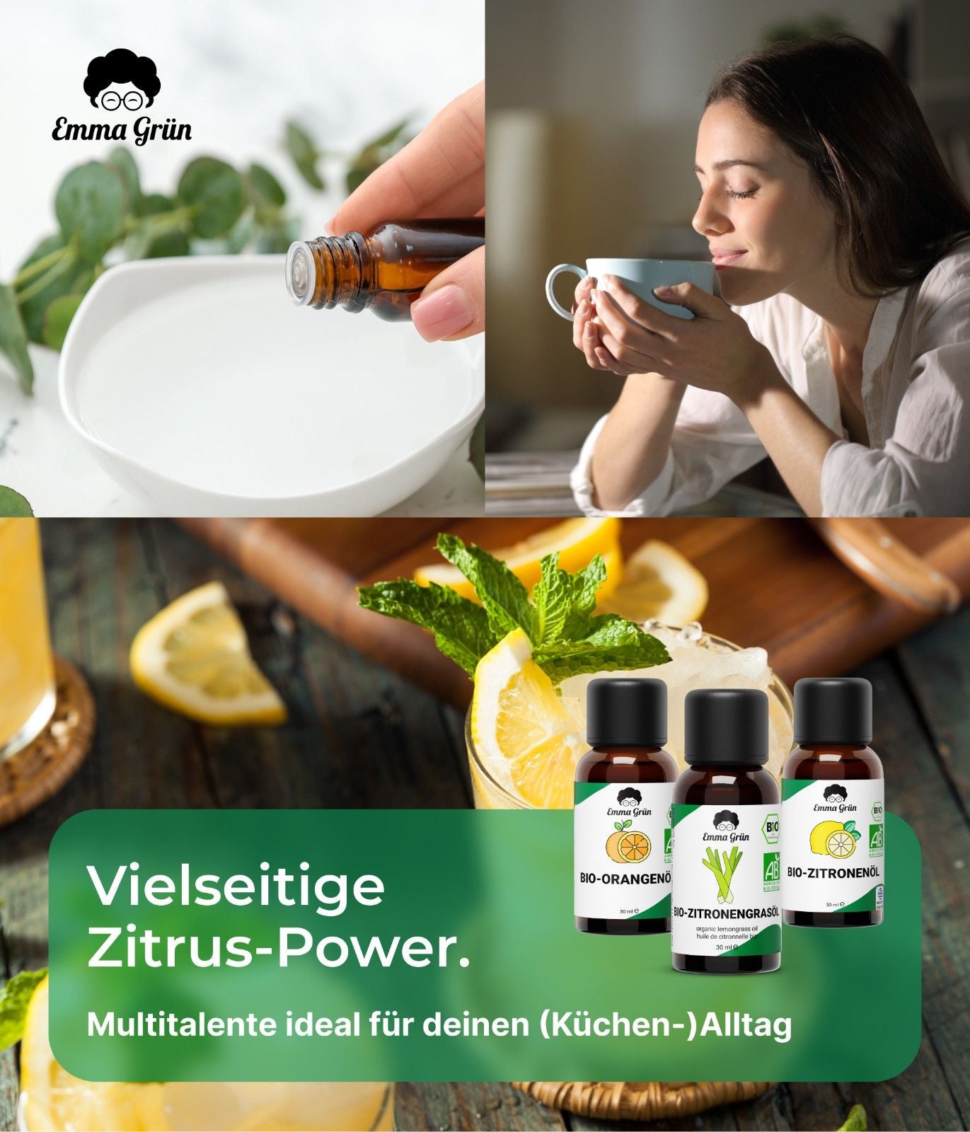 "Zitrus Zauber" Öle Maxi-Set mit Orangen-, Zitronen- & Lemongrasöl  Emma Grün   