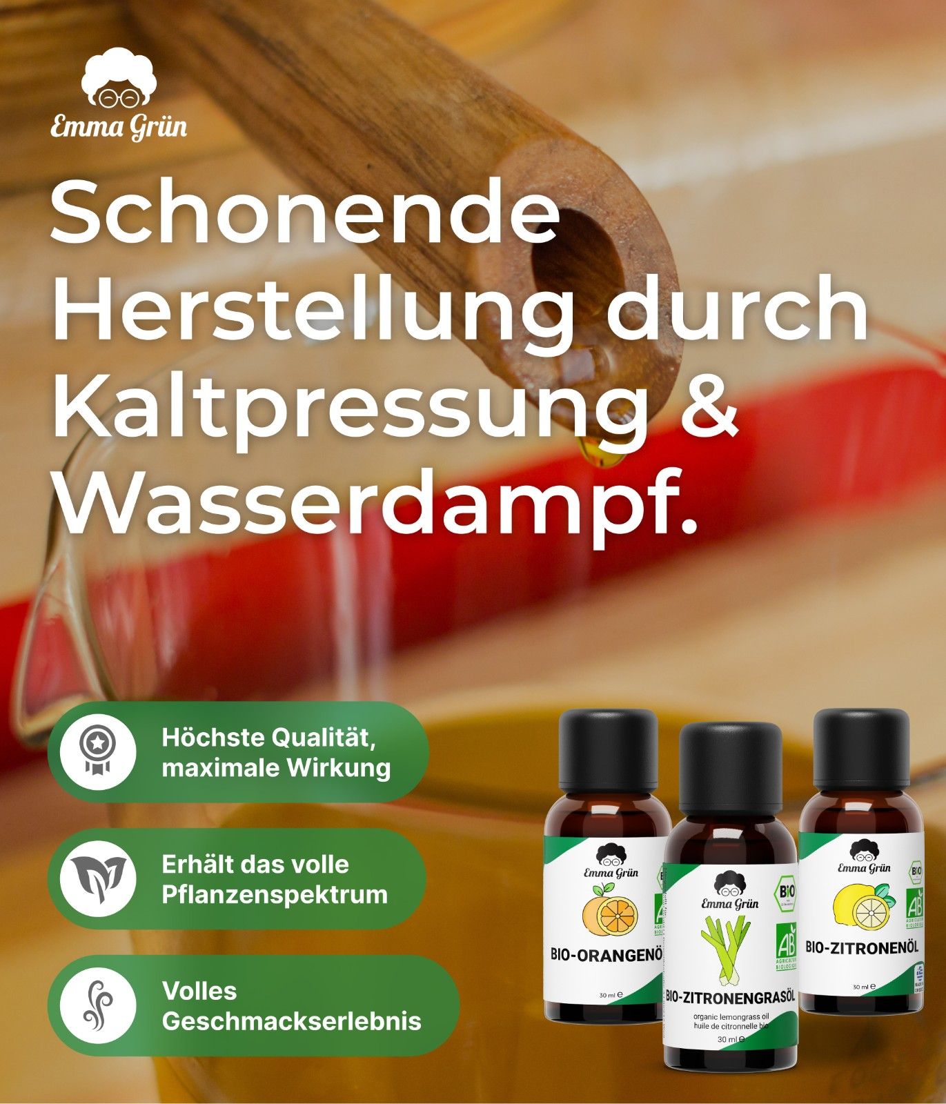 "Zitrus Zauber" Öle Maxi-Set mit Orangen-, Zitronen- & Lemongrasöl  Emma Grün   