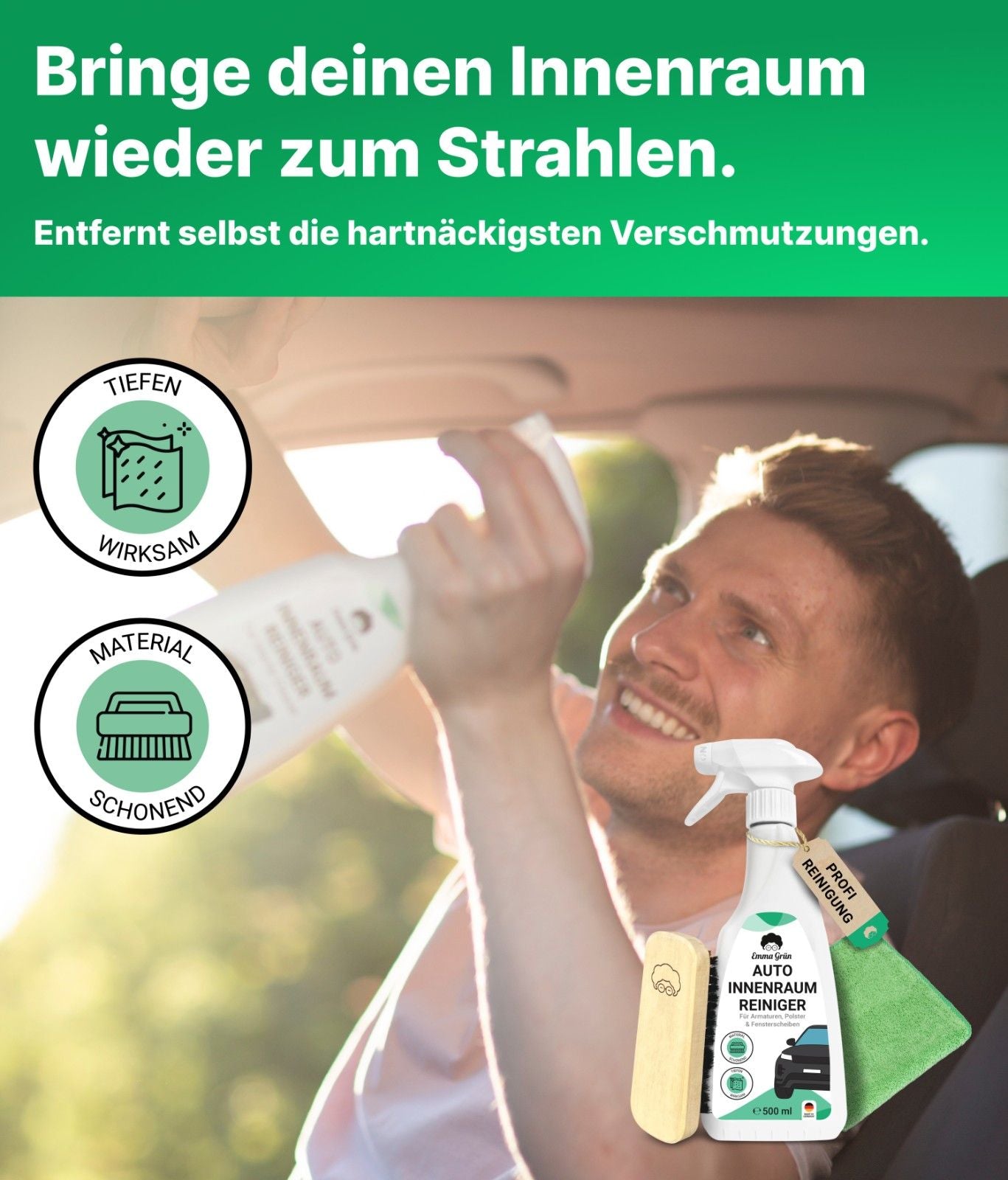 "Sauber & geschützt" Auto Spar-Set mit Innenraum Reiniger & Pflege Lotion  Emma Grün   