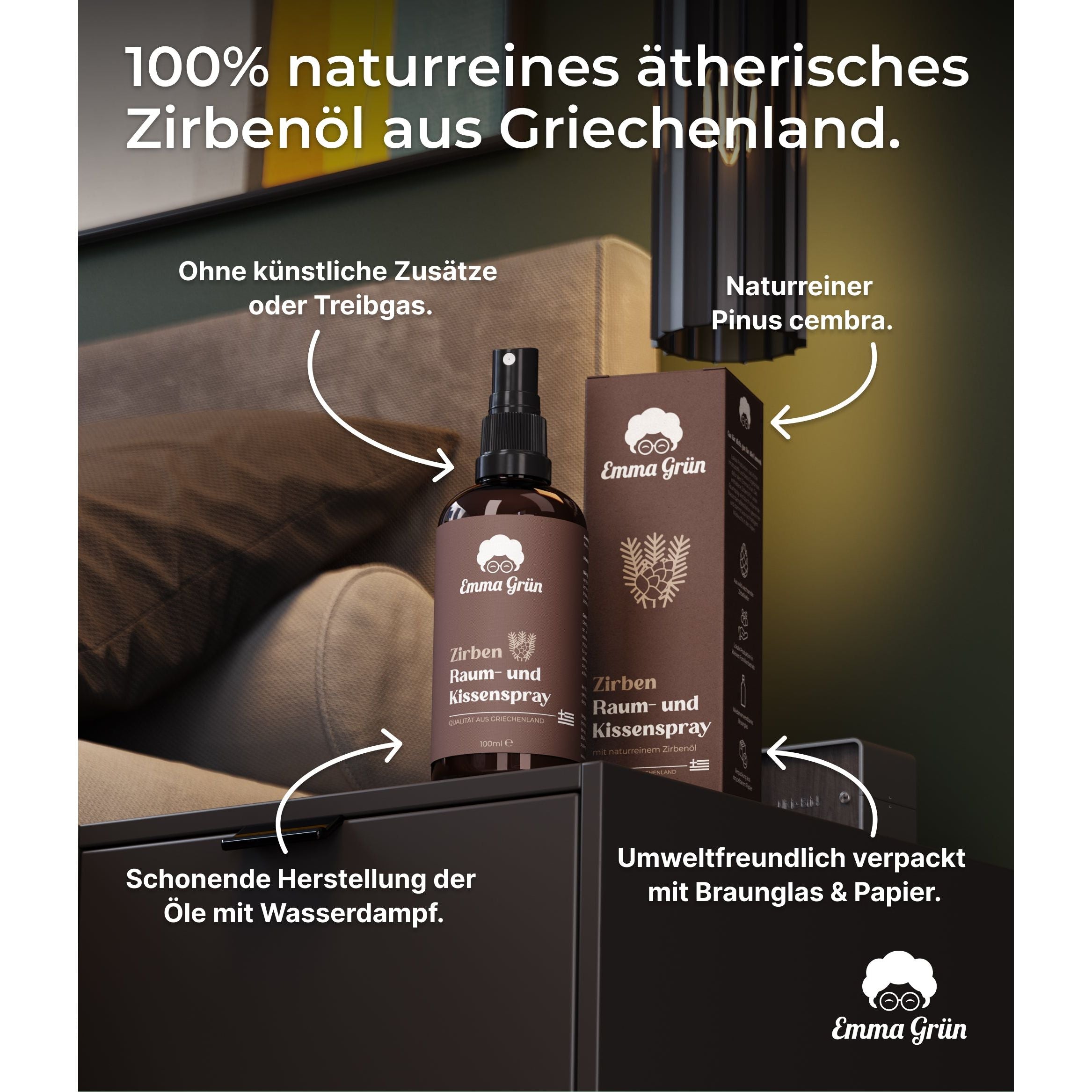 Zirben Raum- & Kissenspray 100 ml, natürlicher Duft mit Zirbenholzöl