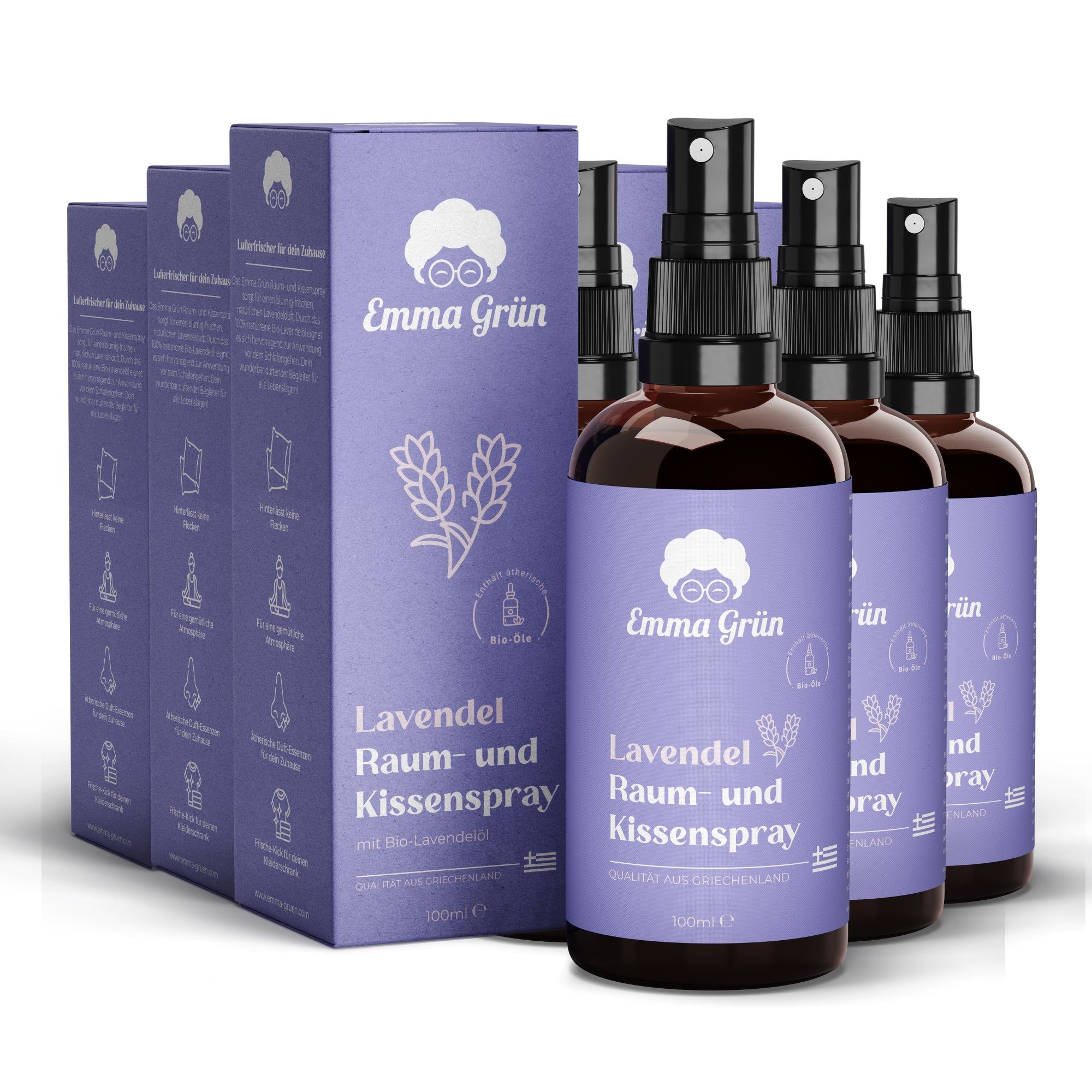 Lavendel Raum- & Kissenspray 100 ml, natürlicher Duft mit Bio Lavendelöl Emma Grün 5 x Lavendelspray